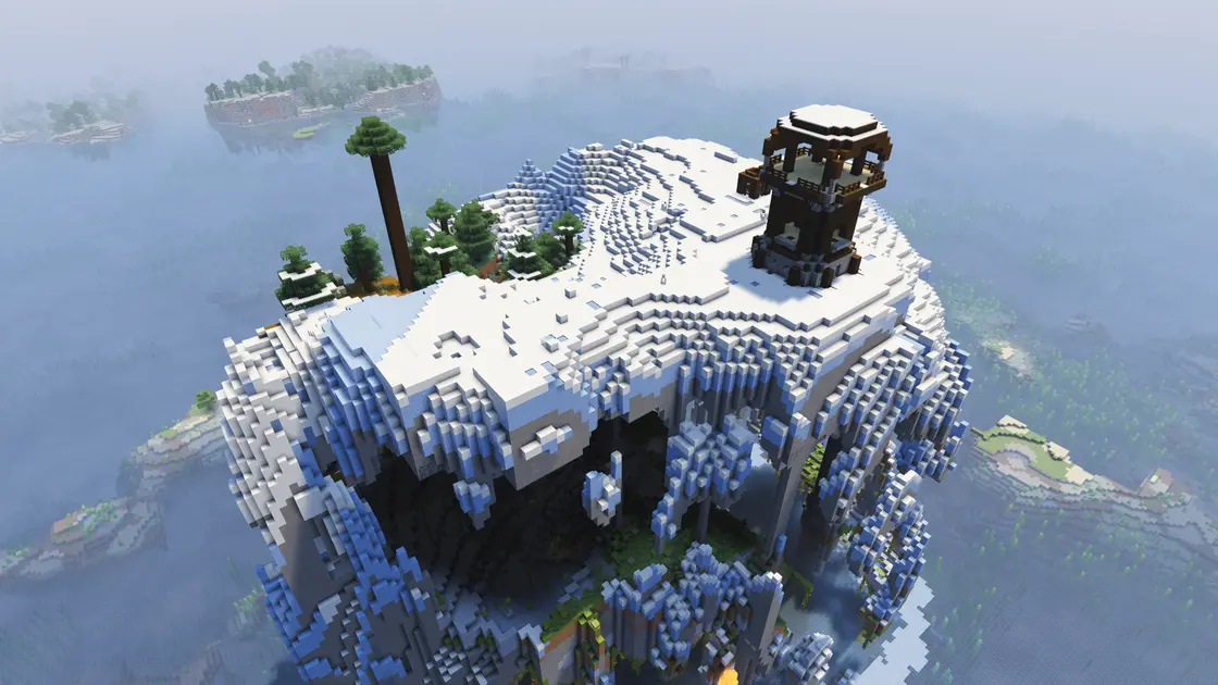 Seltsam geformte hohle Insel mit Pillager Outpost oben