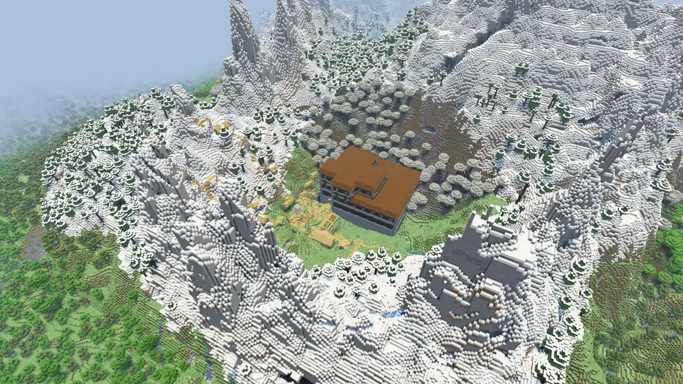 Screenshot des Seeds Woodland Mansion, Dorf und Ancient City in einem Tal