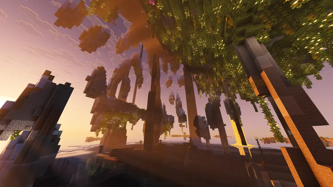 Seltsam geformte hohle Insel mit Pillager Outpost oben