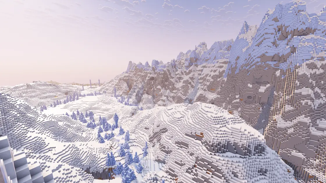 Spawn zwischen riesigen schneebedeckten Bergen mit Eisbiomen