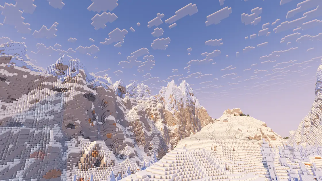 Spawn zwischen riesigen schneebedeckten Bergen mit Eisbiomen