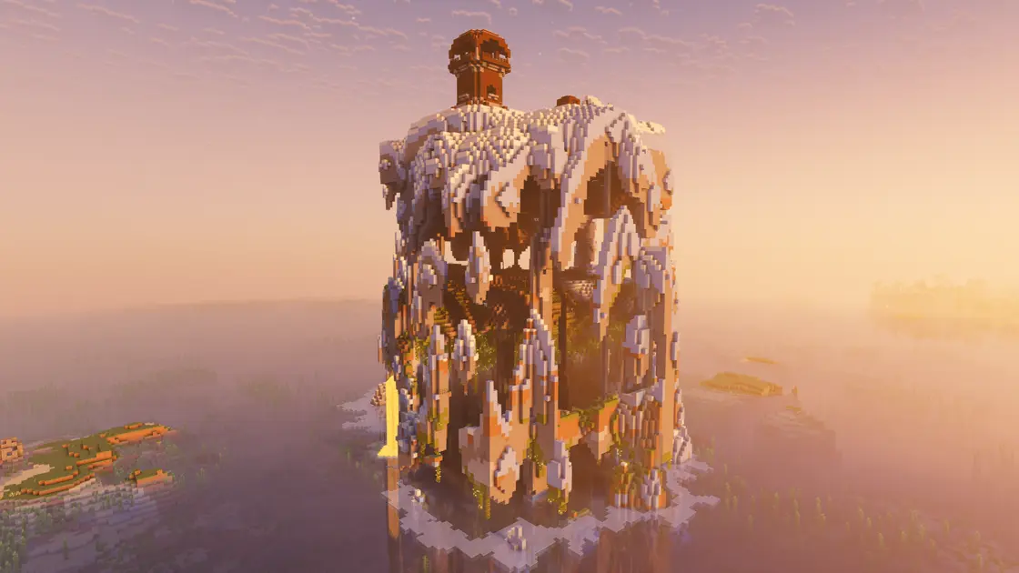 Seltsam geformte hohle Insel mit Pillager Outpost oben