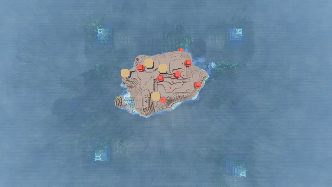 Vier Ocean Monuments direkt nebeneinander mit Mushroom Island