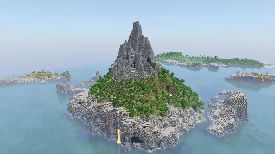 Screenshot des Seeds Insel aus einem Berg, umgeben von dichten Wäldern