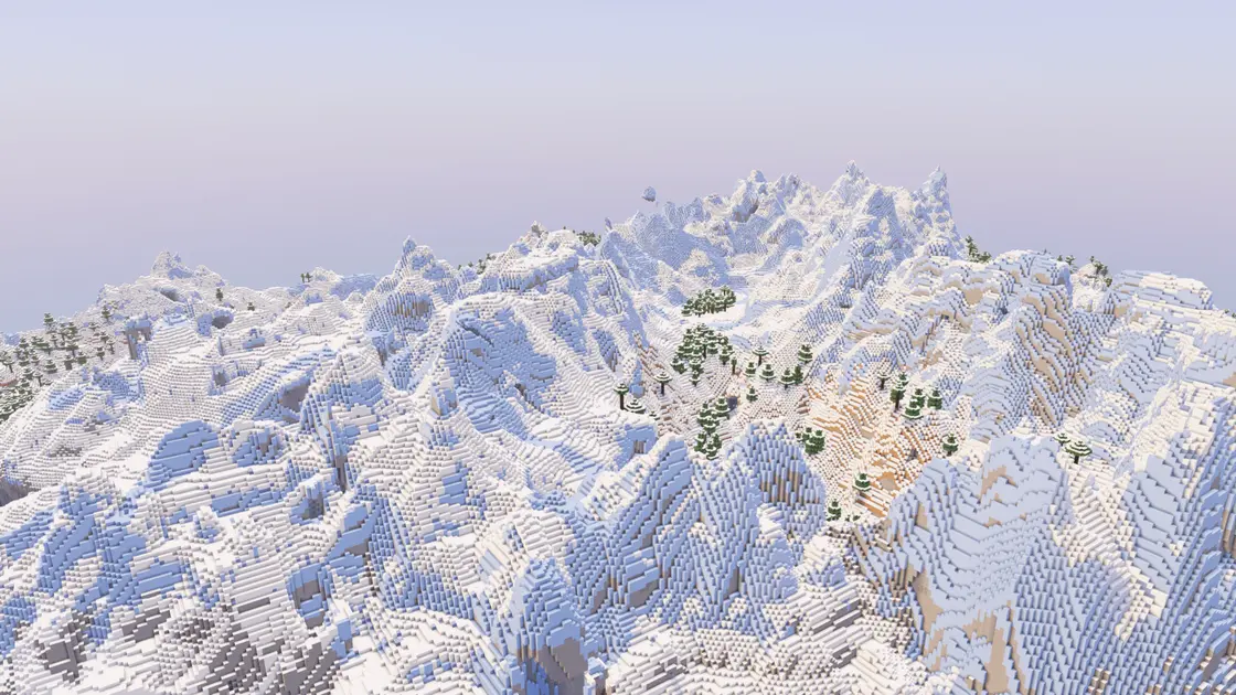 Spawn zwischen riesigen schneebedeckten Bergen mit Eisbiomen