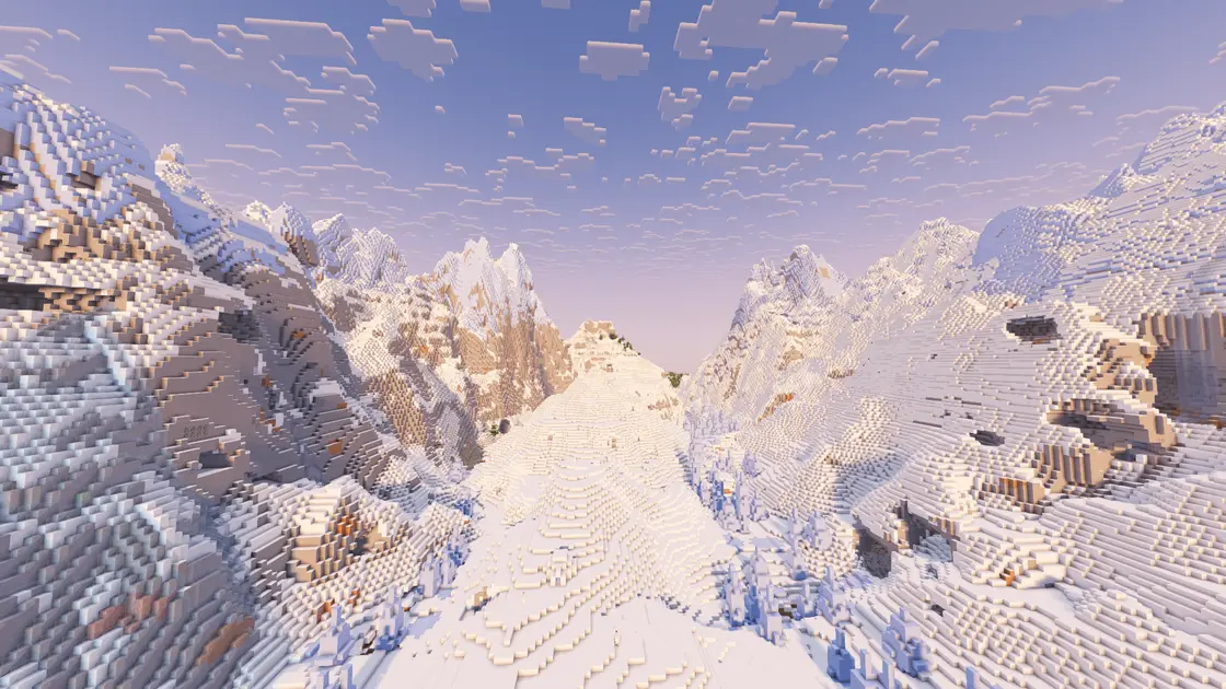 Spawn zwischen riesigen schneebedeckten Bergen mit Eisbiomen