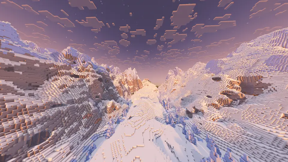 Screenshot des Seeds Spawn zwischen riesigen schneebedeckten Bergen mit Eisbiomen