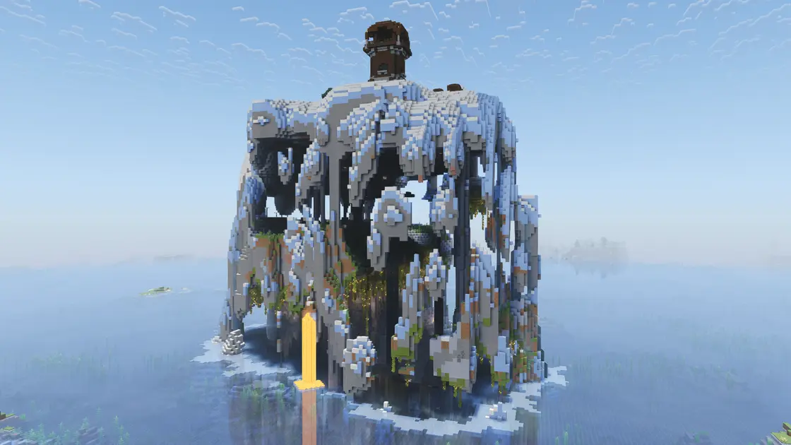 Seltsam geformte hohle Insel mit Pillager Outpost oben
