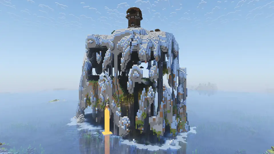Screenshot des Seeds Seltsam geformte hohle Insel mit Pillager Outpost oben