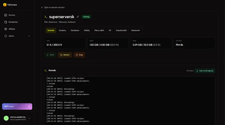 Vorschau des Eternyx-Panels zur Serververwaltung
